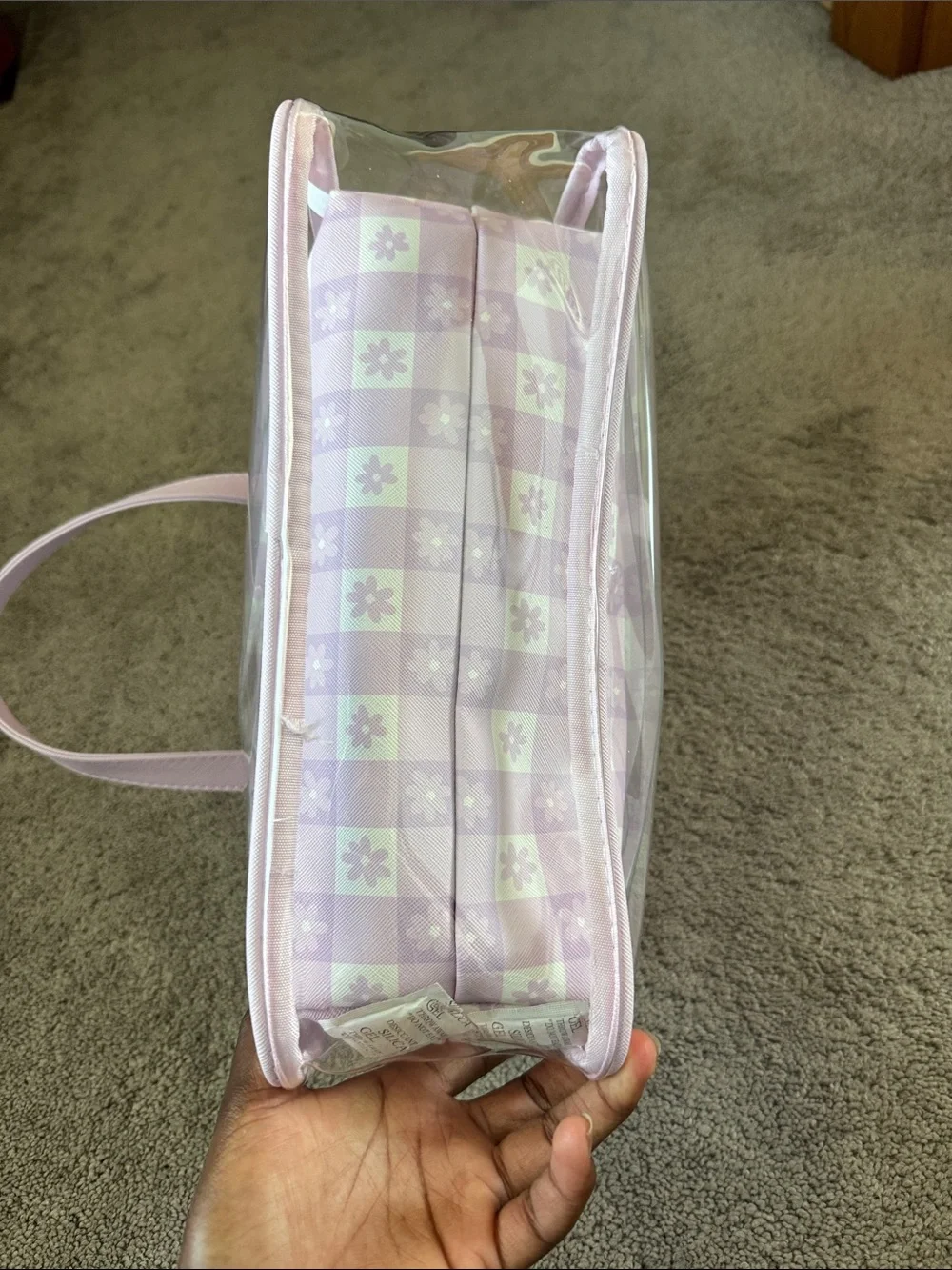 Purple Pastel Clear Mini Travel Tote Bag Checkered Floral Makeup Bag